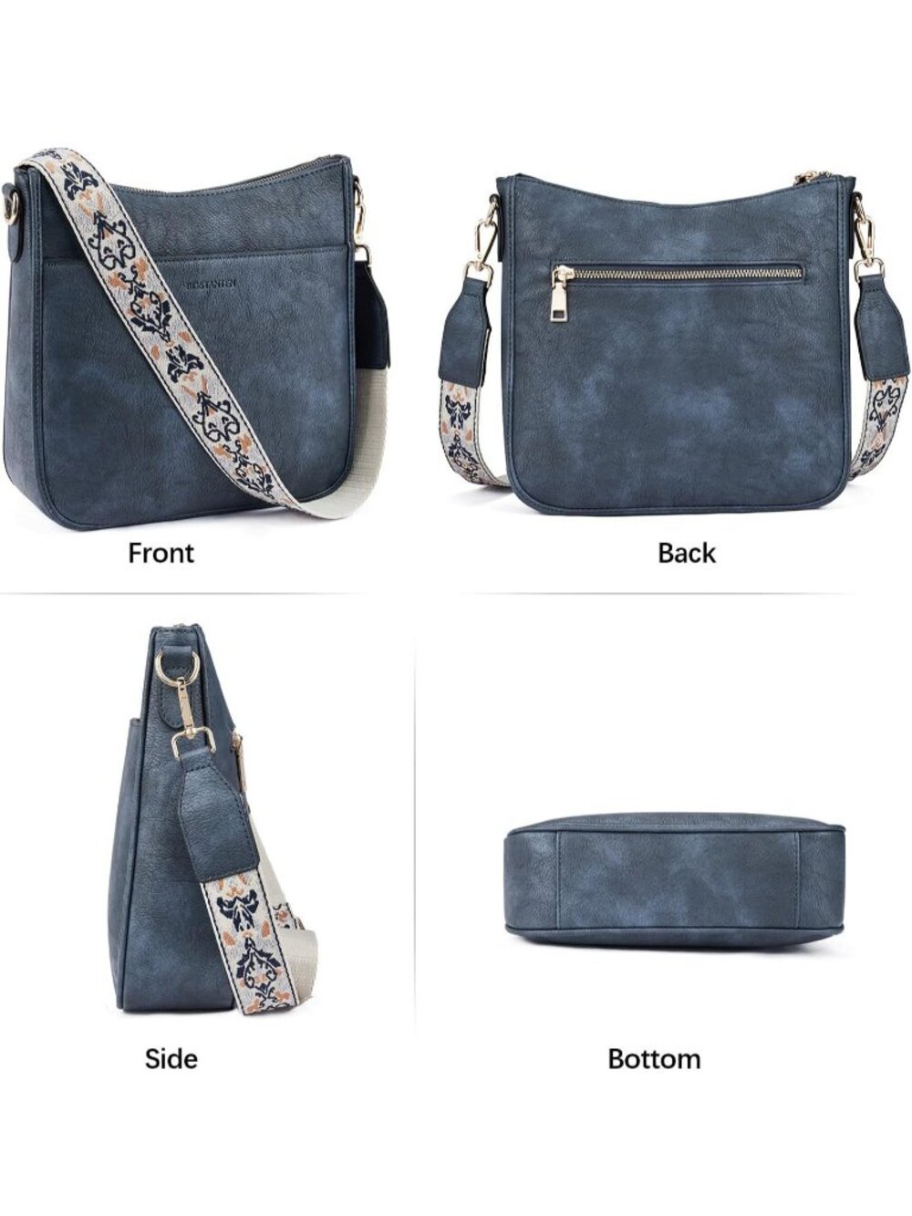 Women's Blue Vegan Leather Crossbody Bags Trendy Wide Shoulder Strap Hobo Bags - Picture 6 of 6